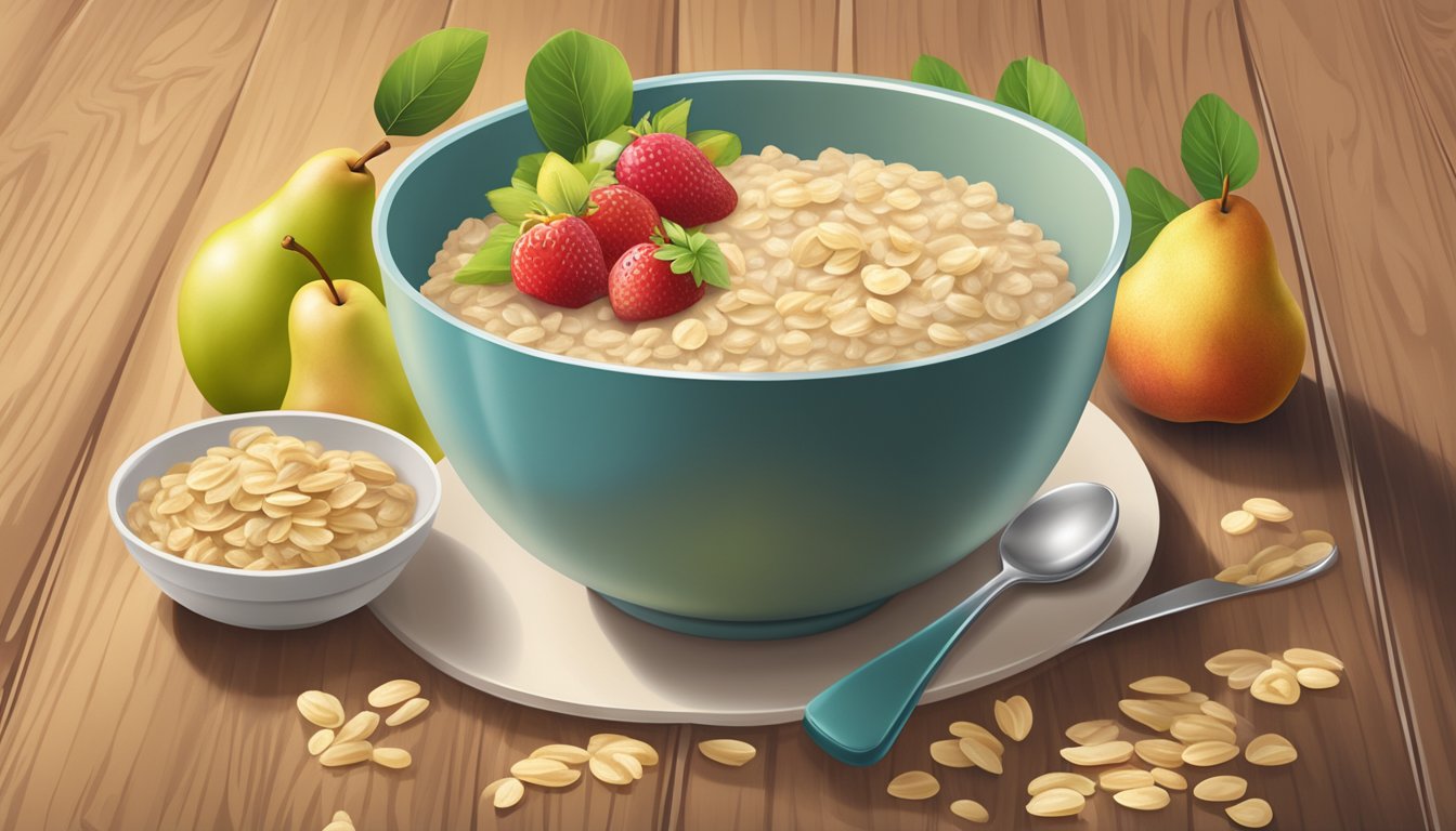 A bowl of Gerber organic oatmeal cereal with pear sits on a wooden table, surrounded by fresh fruit and a measuring spoon