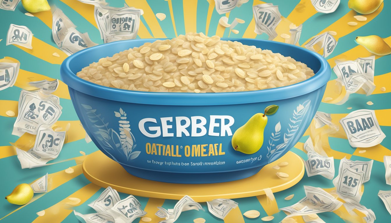 A bowl of Gerber organic oatmeal cereal with pear surrounded by caution signs and safety symbols