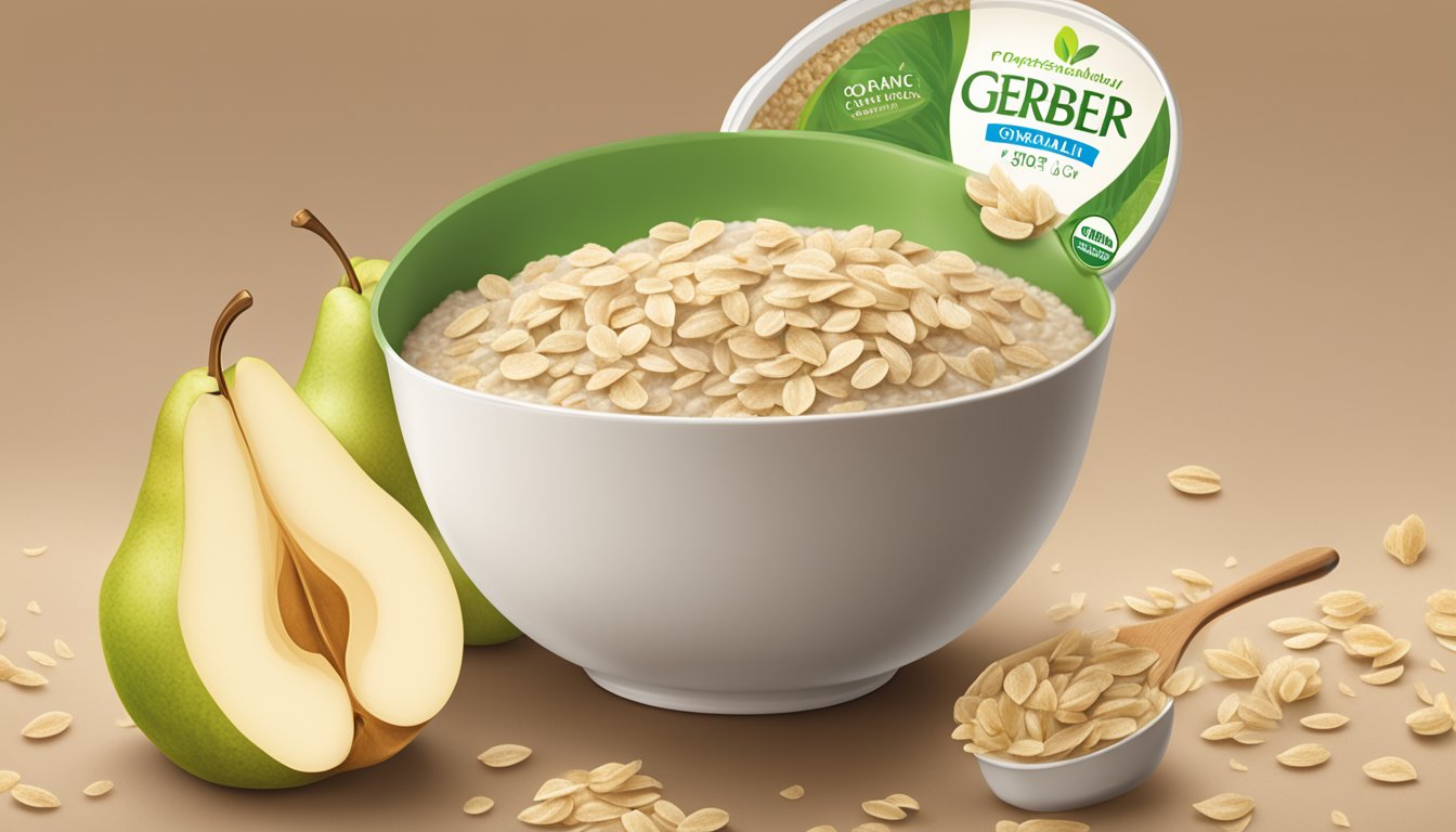 A bowl of Gerber organic oatmeal cereal with pear surrounded by eco-friendly packaging materials