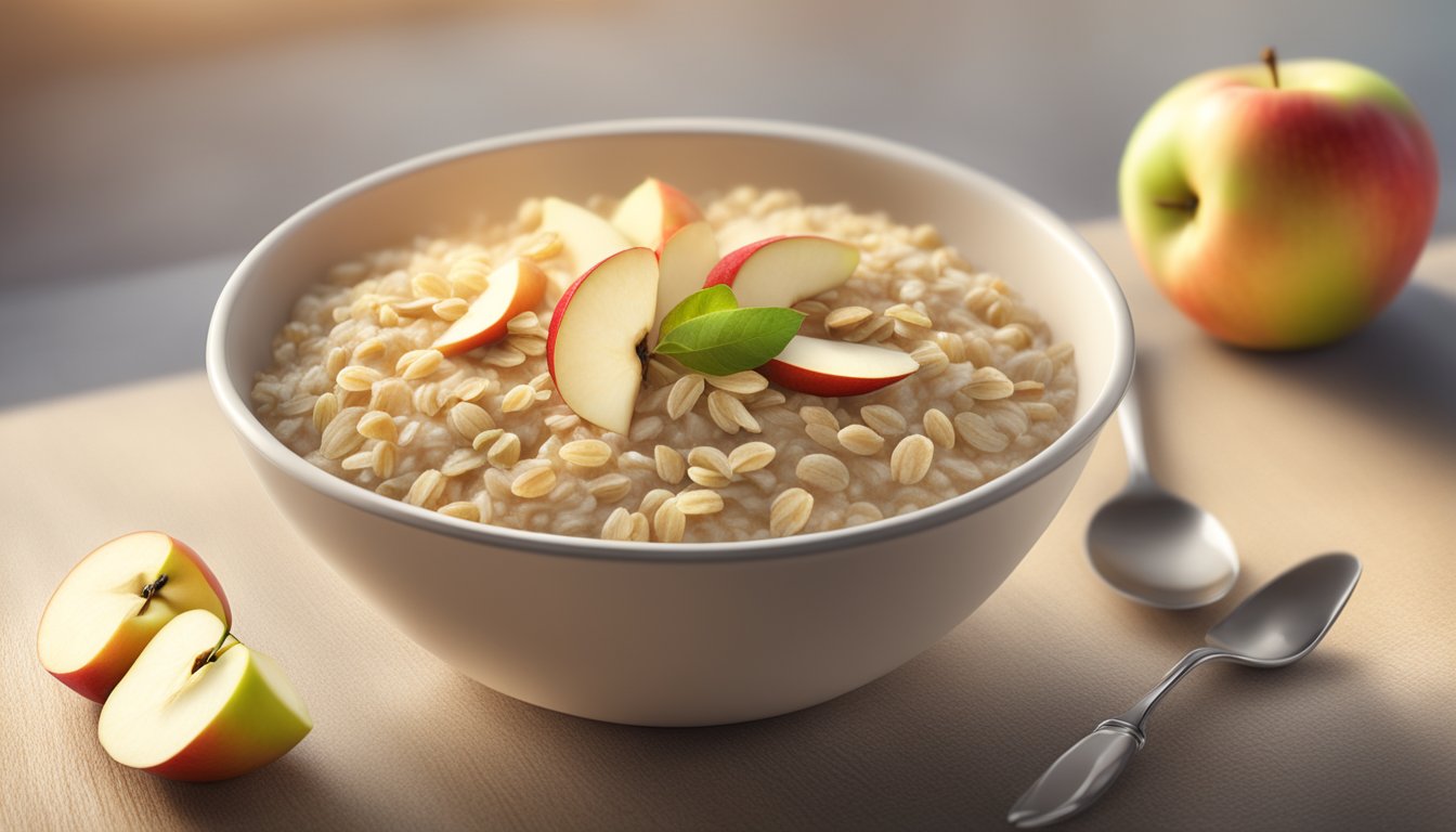 A bowl of Gerber Organic Oatmeal Cereal with apple, surrounded by fresh apples and oats. Sunlight streams in, highlighting the wholesome ingredients