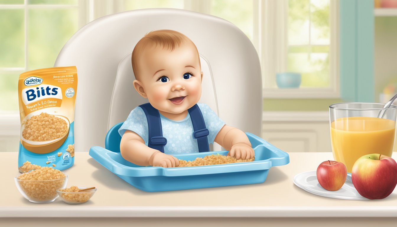 A spoonful of Gerber Lil Bits rice cereal with apple cinnamon being served onto a baby's high chair tray