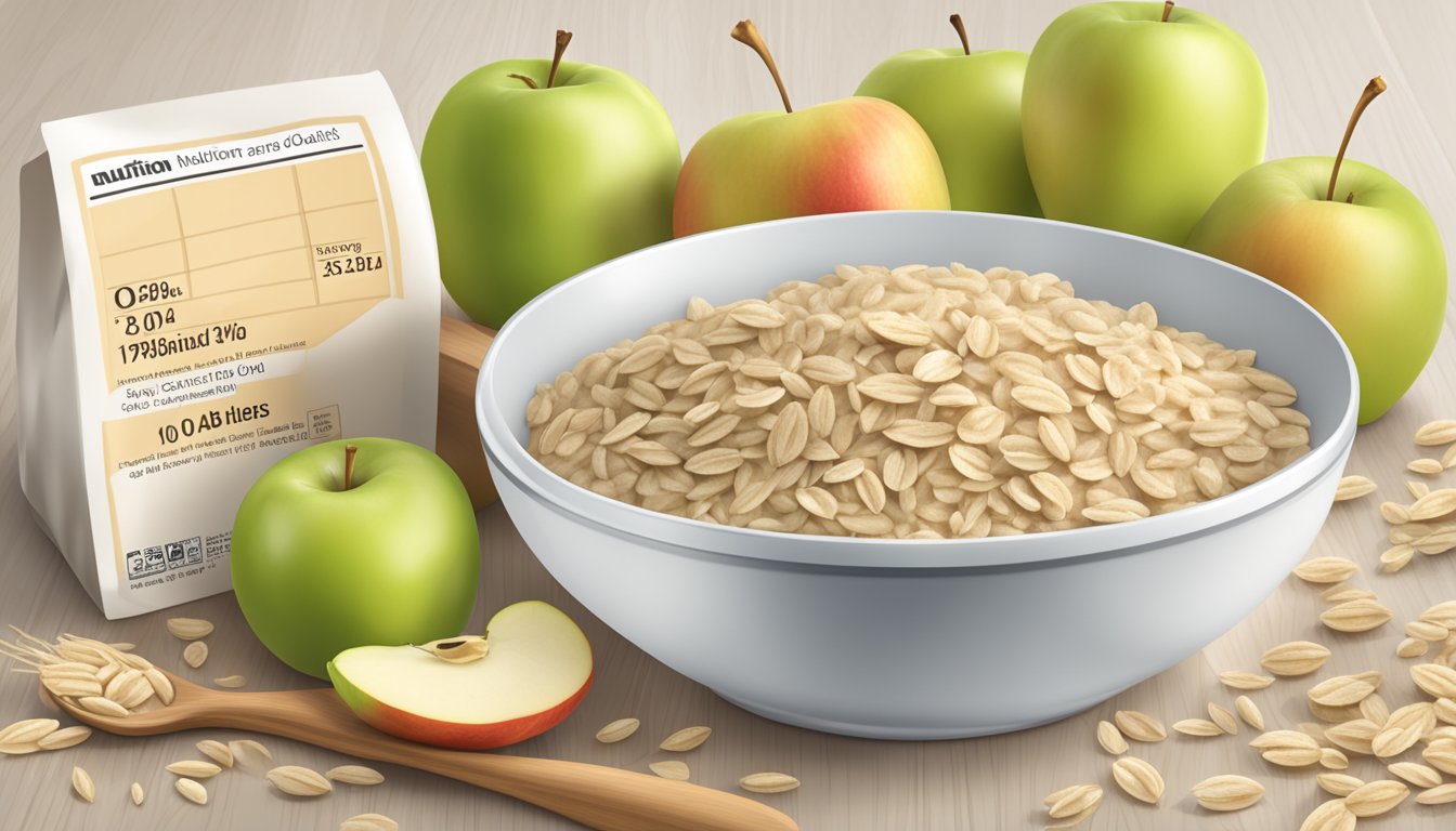 A bowl of Gerber organic oatmeal cereal with apple, surrounded by fresh apples and oats, with a nutrition label showing daily values