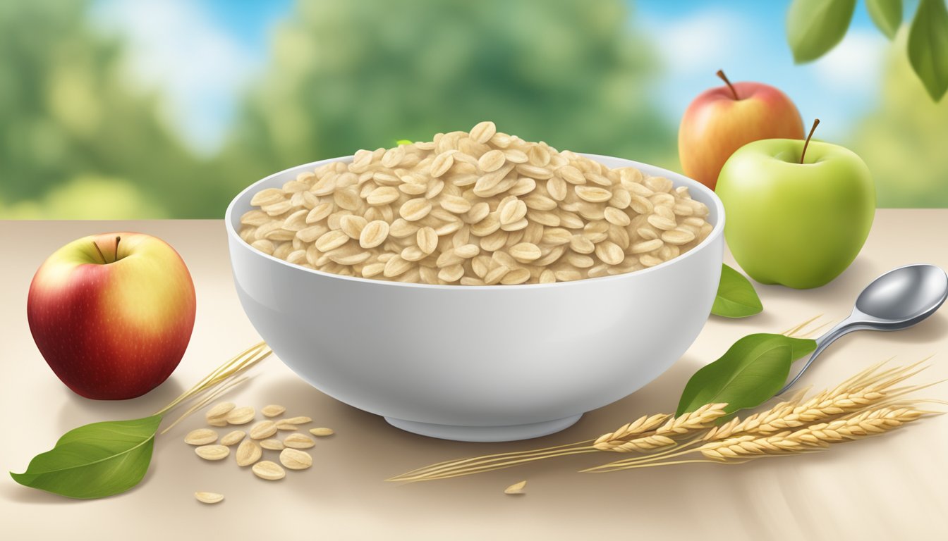 A bowl of Gerber organic oatmeal cereal with apple surrounded by fresh apples and oats, emphasizing the natural and nutritious ingredients