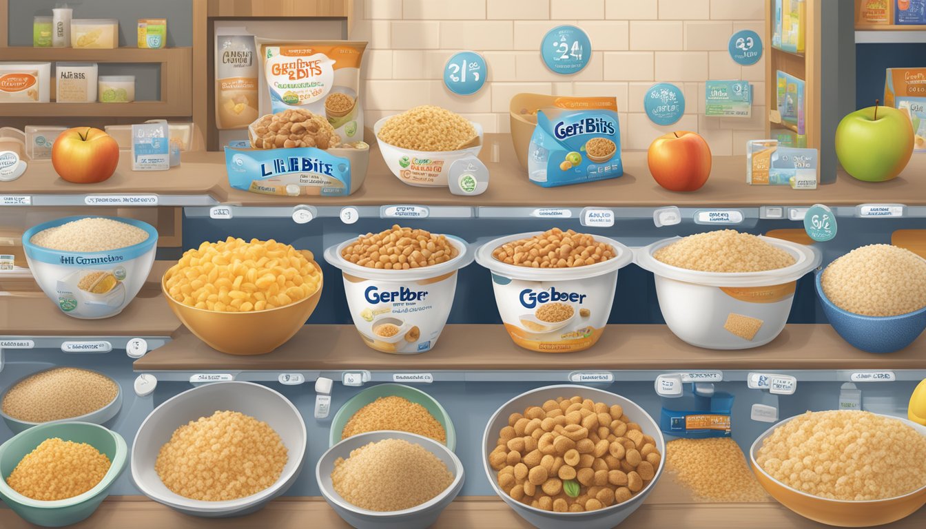 A bowl of Gerber Lil Bits rice cereal with apple cinnamon surrounded by various shopping options and availability indicators