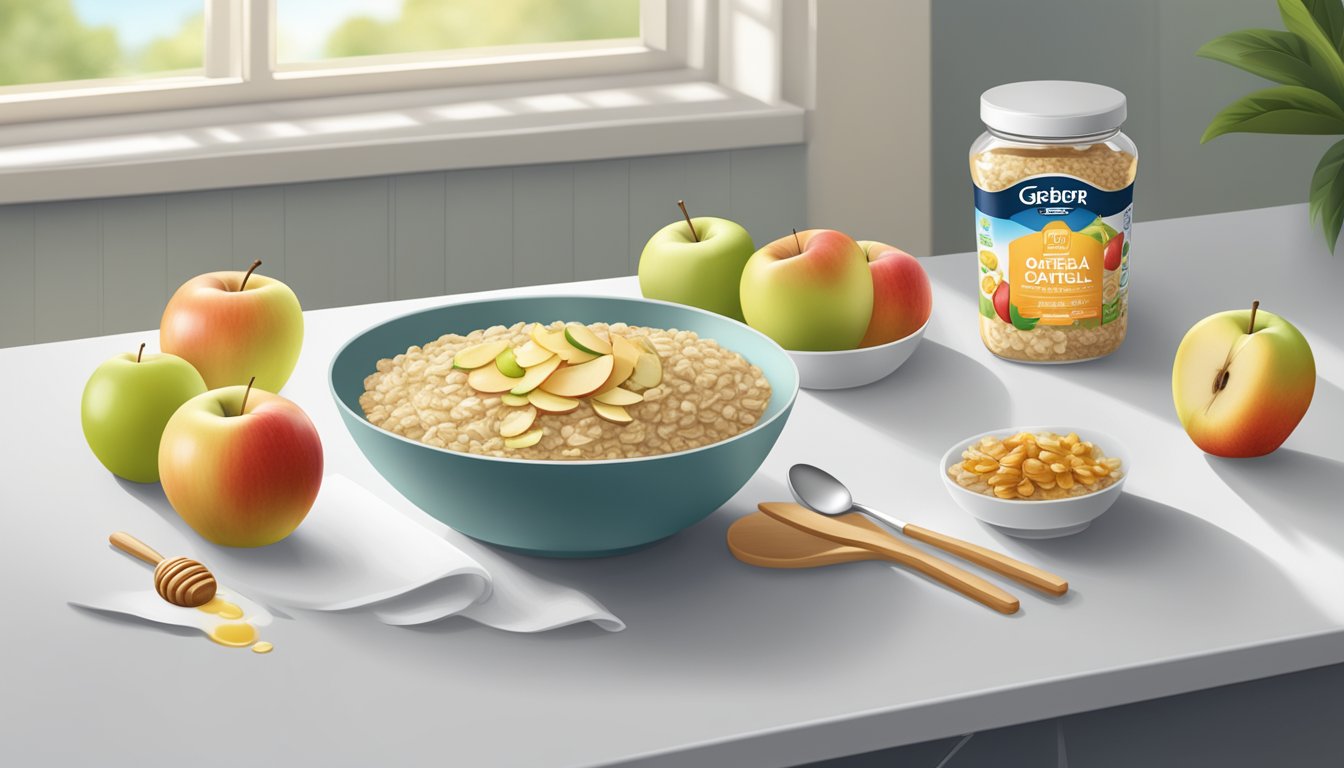 A bowl of Gerber organic oatmeal cereal with apple sits on a kitchen counter, surrounded by fresh fruits and a jar of honey