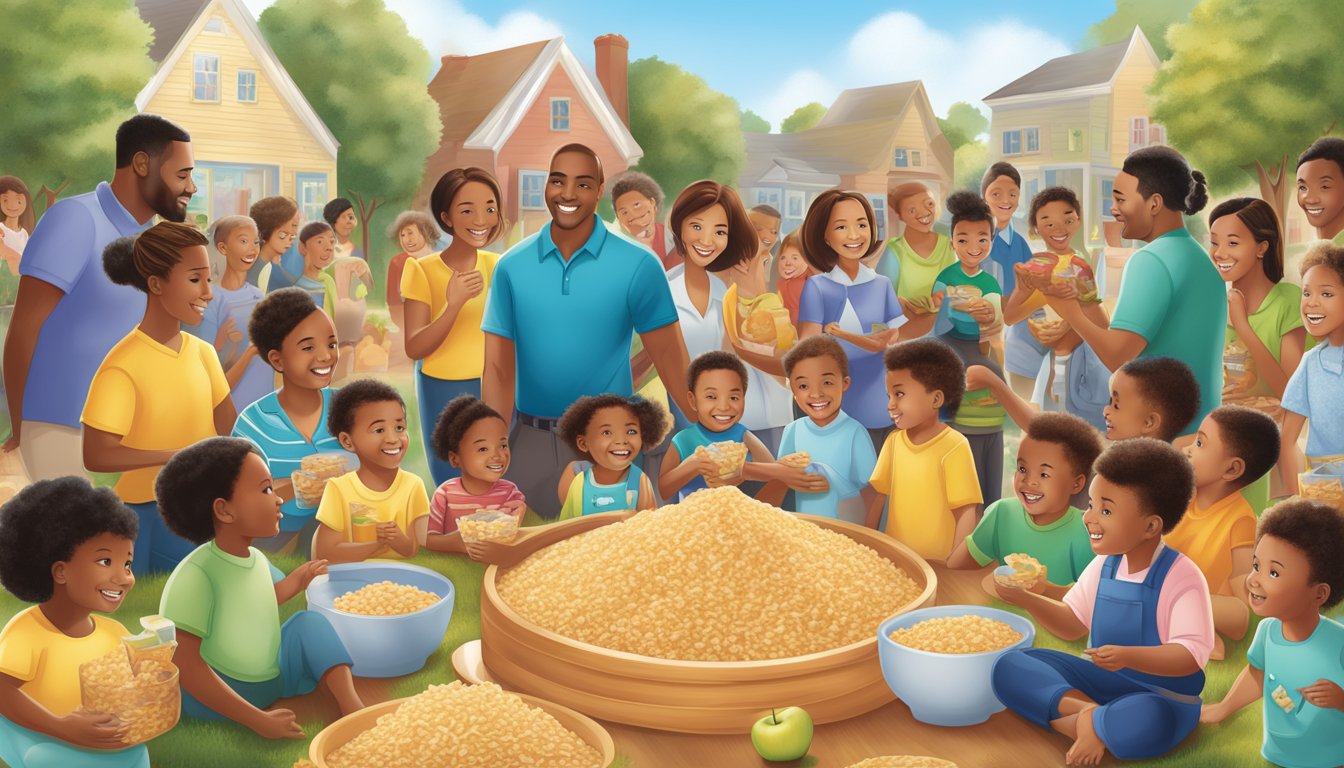 A colorful display of Gerber Lil Bits rice cereal with apple cinnamon surrounded by a diverse community of families and resources