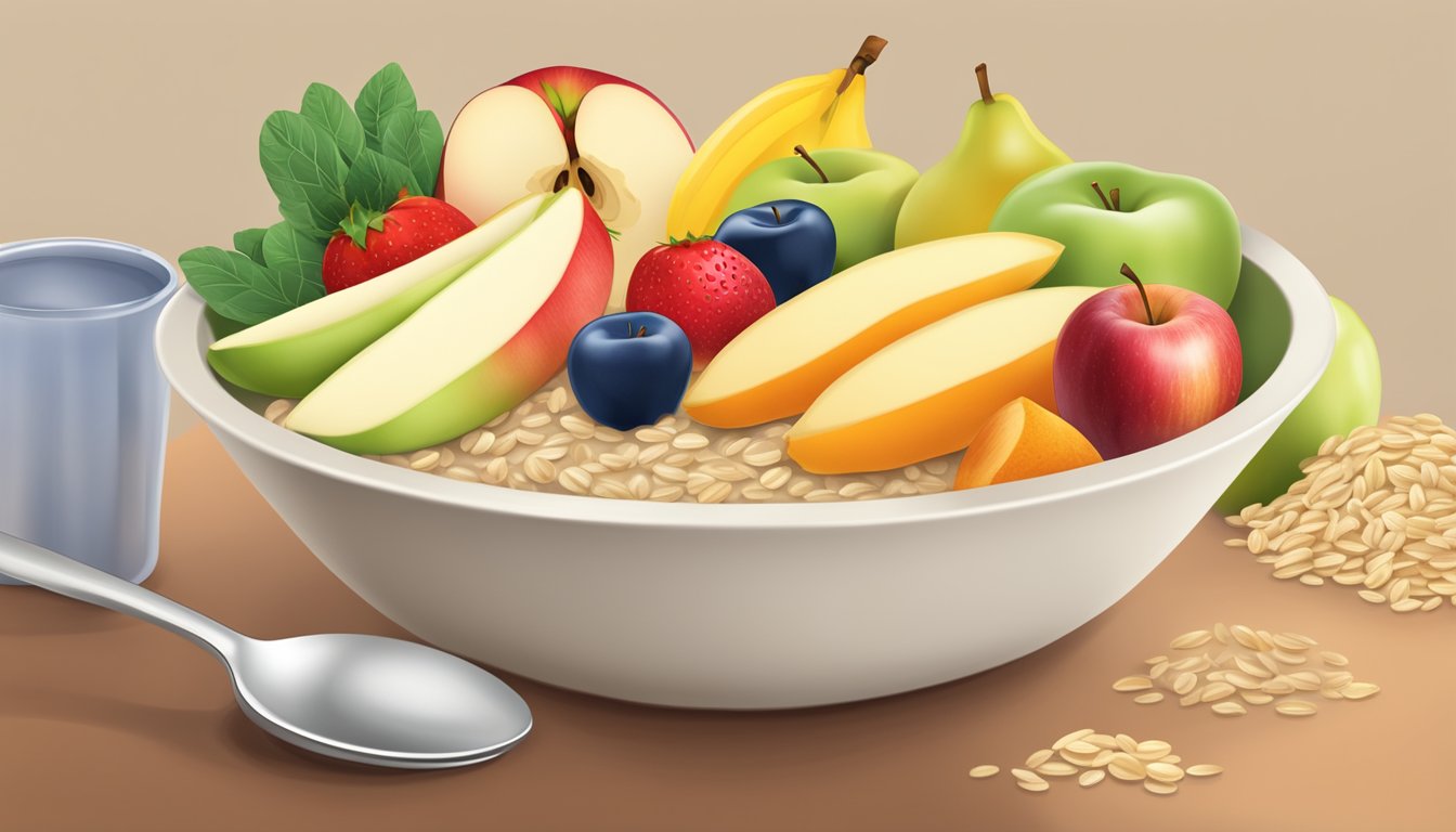 A bowl of Gerber organic oatmeal cereal with apple surrounded by fresh fruits and vegetables, emphasizing its nutritional benefits for a baby