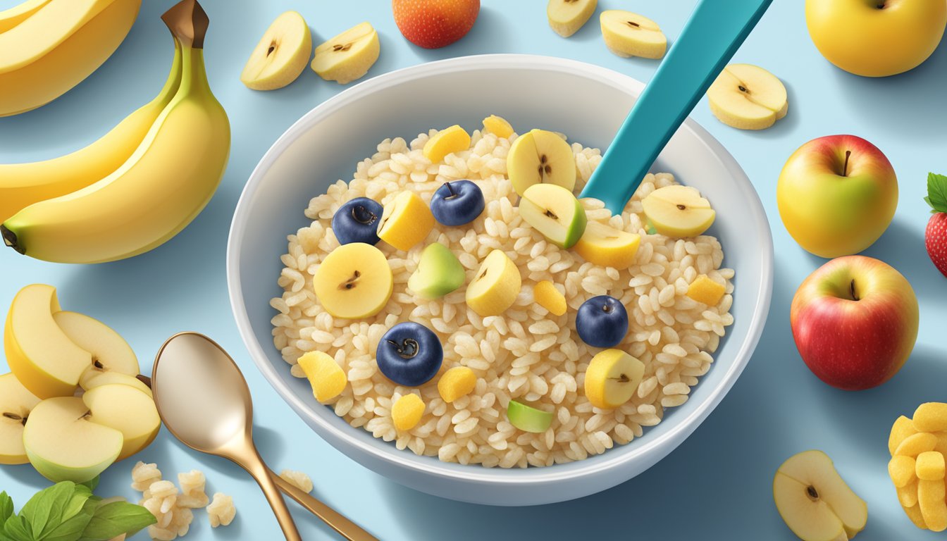 A bowl of Gerber Lil Bits rice cereal with banana and apple, surrounded by fresh fruits and a measuring spoon