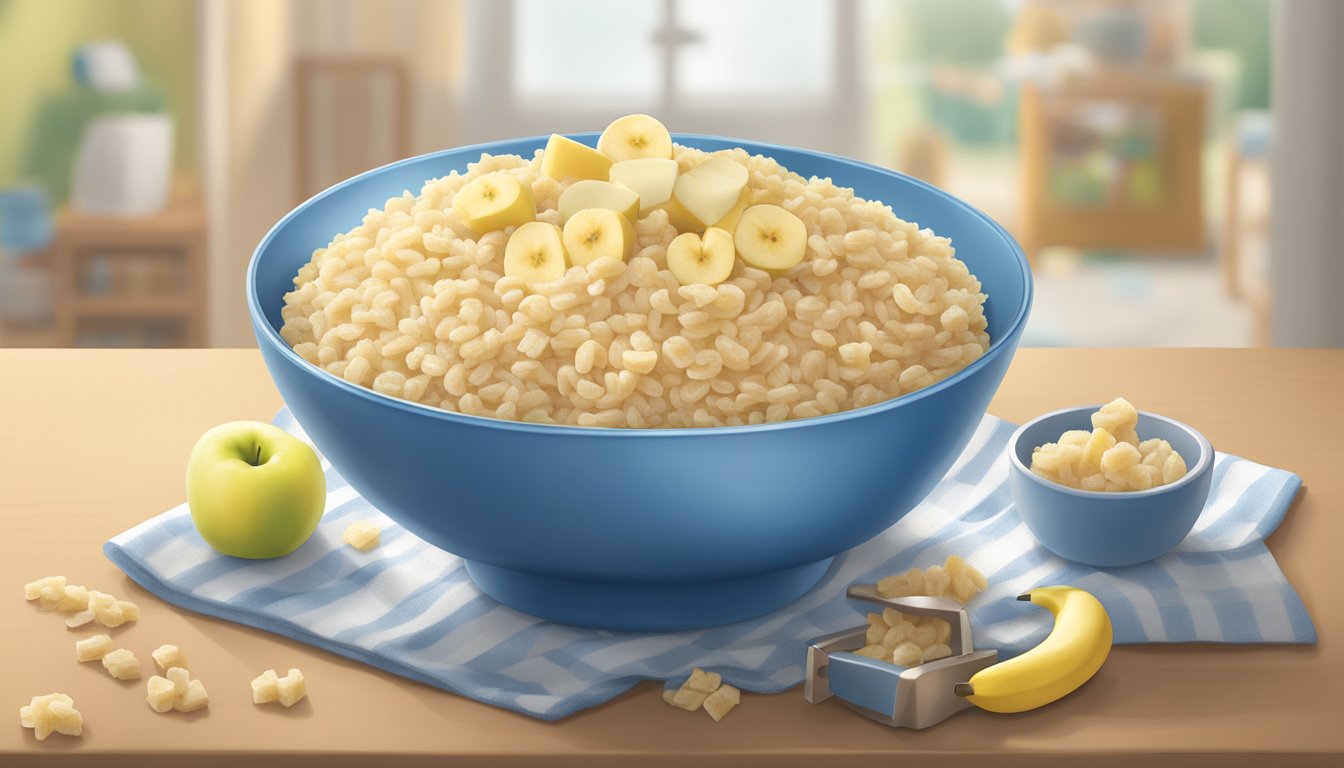 A bowl of Gerber Lil' Bits rice cereal with banana and apple, surrounded by childproof safety locks and warnings