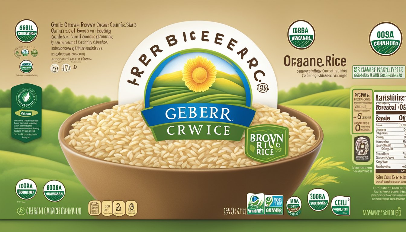 A bowl of Gerber organic brown rice cereal with the organic certification logo prominently displayed on the packaging