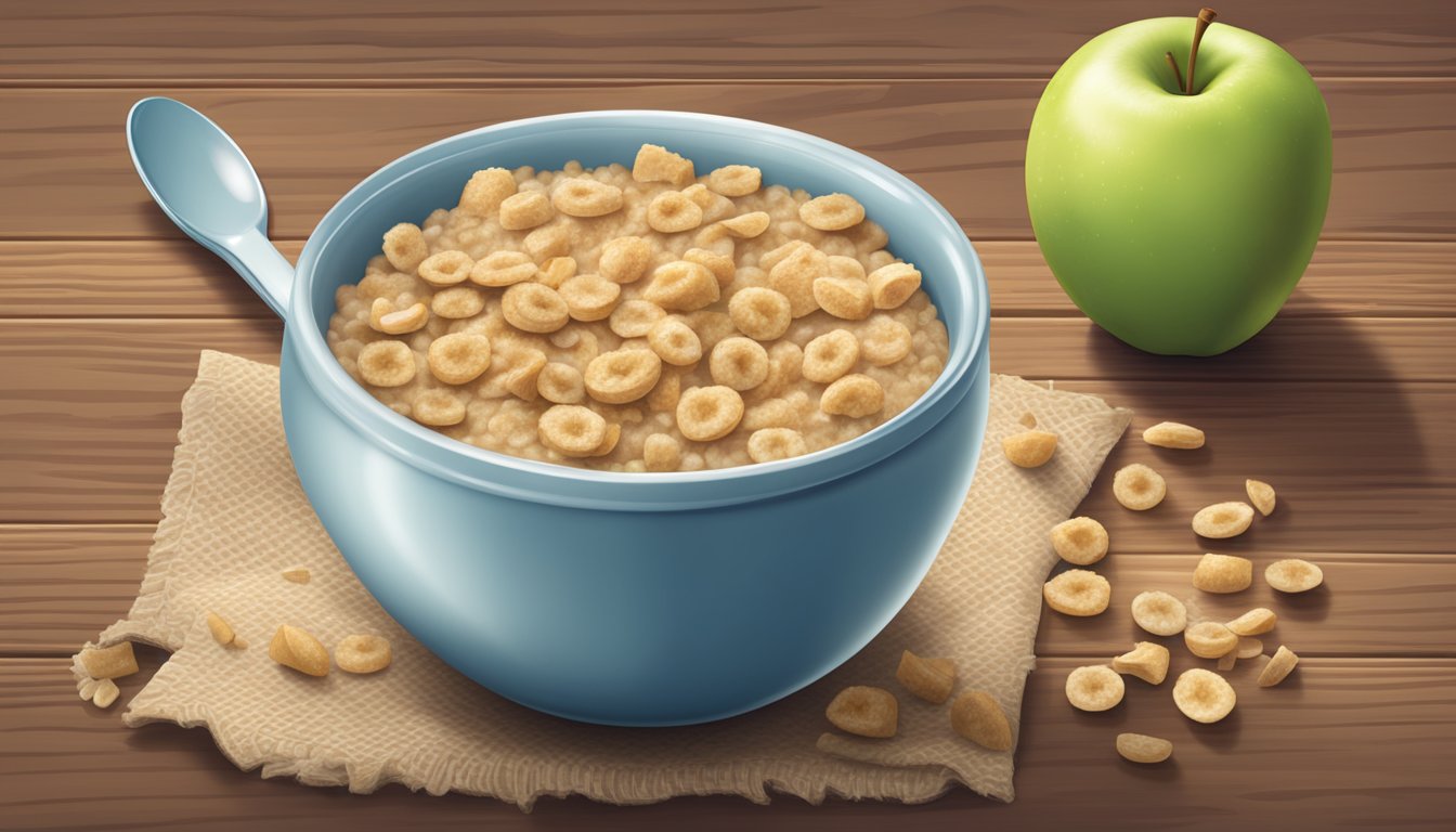 A bowl of Gerber Lil Bits oatmeal apple cinnamon cereal with a spoon on a wooden table