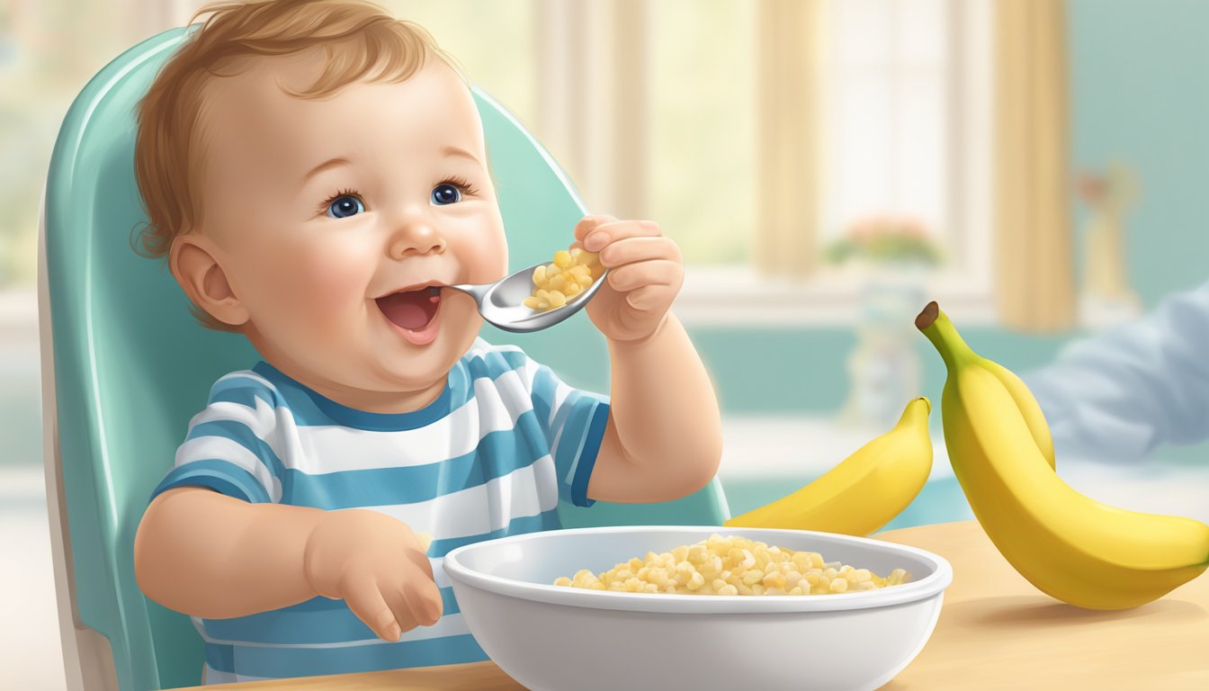 A spoonful of Gerber Lil Bits rice cereal with banana and apple being fed to a baby in a high chair