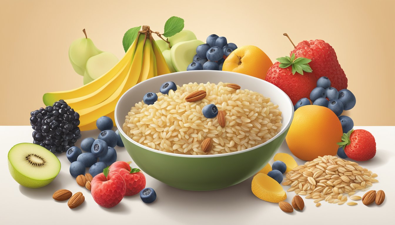 A bowl of Gerber organic brown rice cereal surrounded by fresh ingredients like fruits and nuts, emphasizing the company's commitment to wholesome ingredients