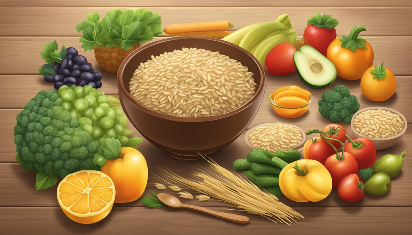 A colorful bowl of Gerber organic brown rice cereal surrounded by fresh fruits and vegetables on a wooden table