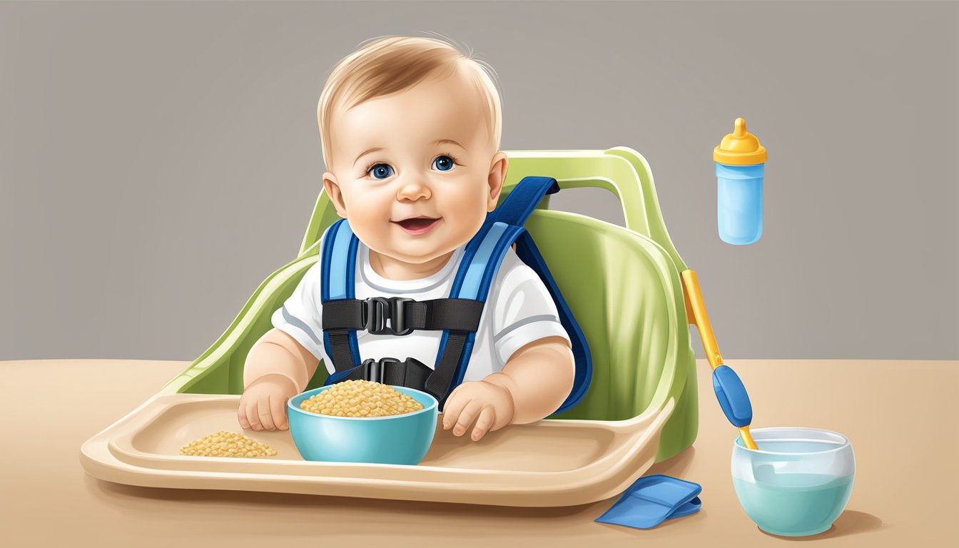 A baby's highchair with a bowl of Gerber organic brown rice cereal and a safety harness