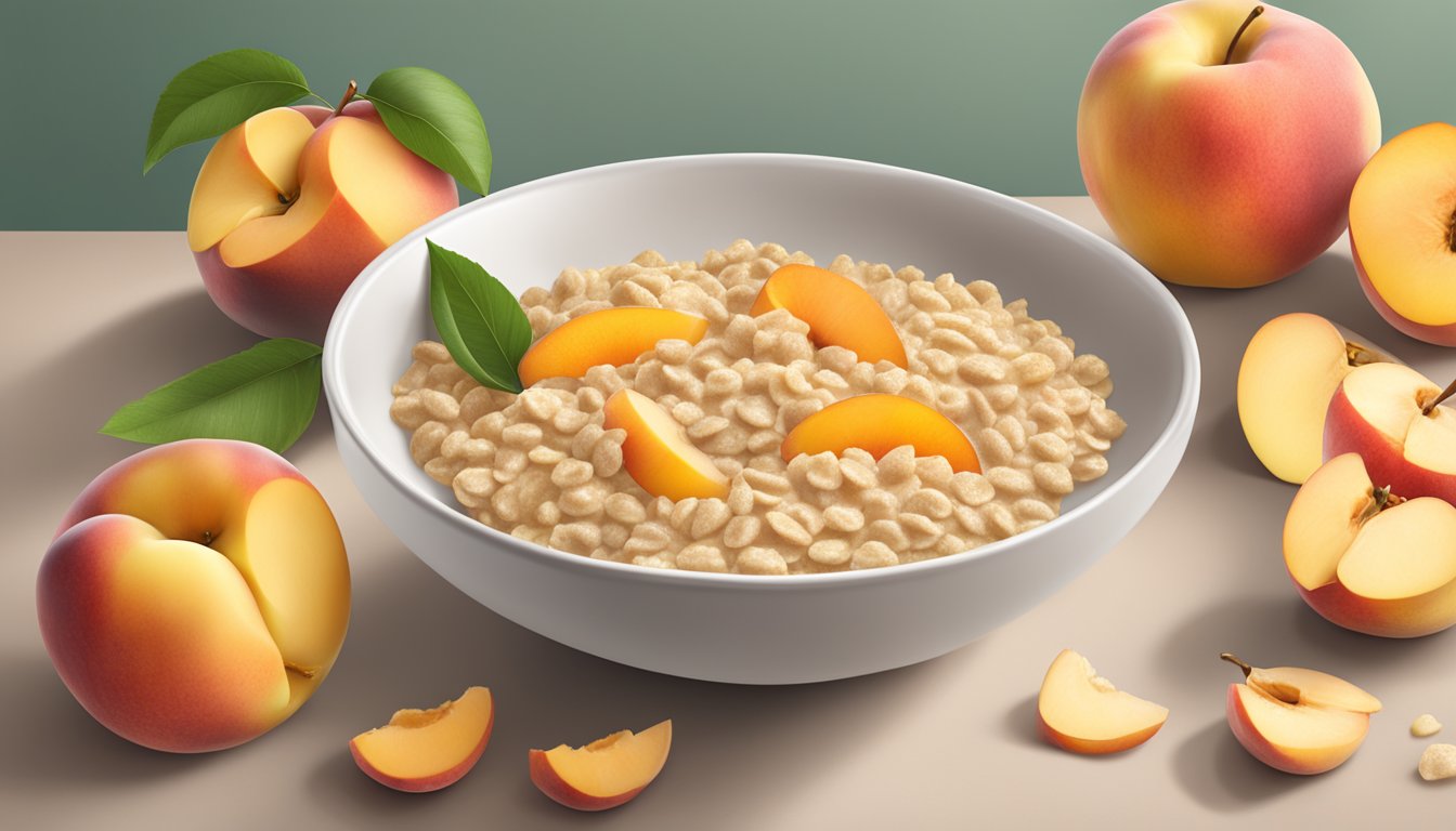 A bowl of Gerber Lil Bits oatmeal cereal with peach apple, surrounded by fresh peaches and apples