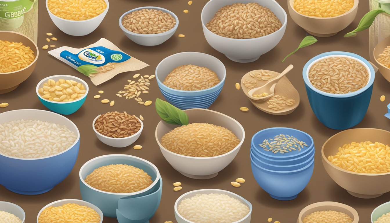 A bowl of Gerber organic brown rice cereal surrounded by various packaging options