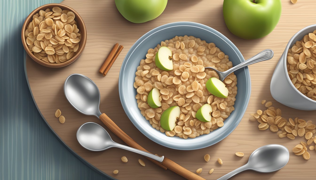 A bowl of Gerber Lil Bits oatmeal apple cinnamon cereal with a spoon beside it on a wooden table