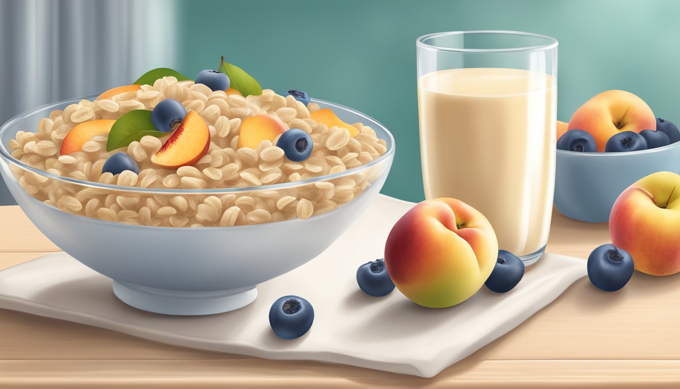 A bowl of Gerber lil bits oatmeal cereal with peach apple, surrounded by fresh fruit and a glass of milk