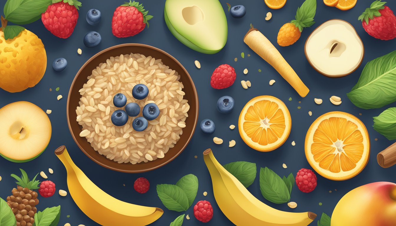 A bowl of Gerber organic brown rice cereal surrounded by fresh, natural ingredients like fruits and grains