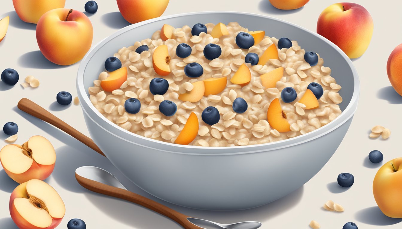 A bowl of Gerber Lil Bits oatmeal cereal with peach apple, surrounded by scattered pieces of fruit and a spoon