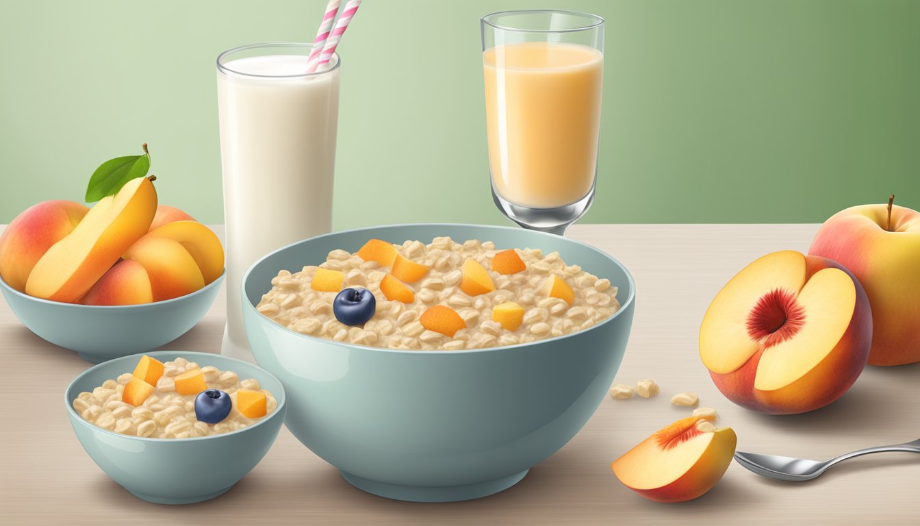 A bowl of Gerber Lil Bits oatmeal cereal with peach apple surrounded by fresh fruit and a glass of milk