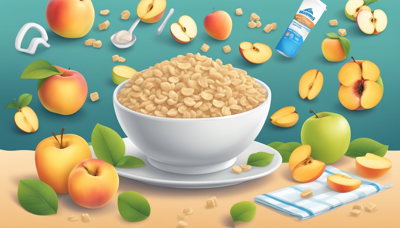 A bowl of Gerber Lil Bits oatmeal cereal with peach apple, surrounded by safety symbols and quality check marks