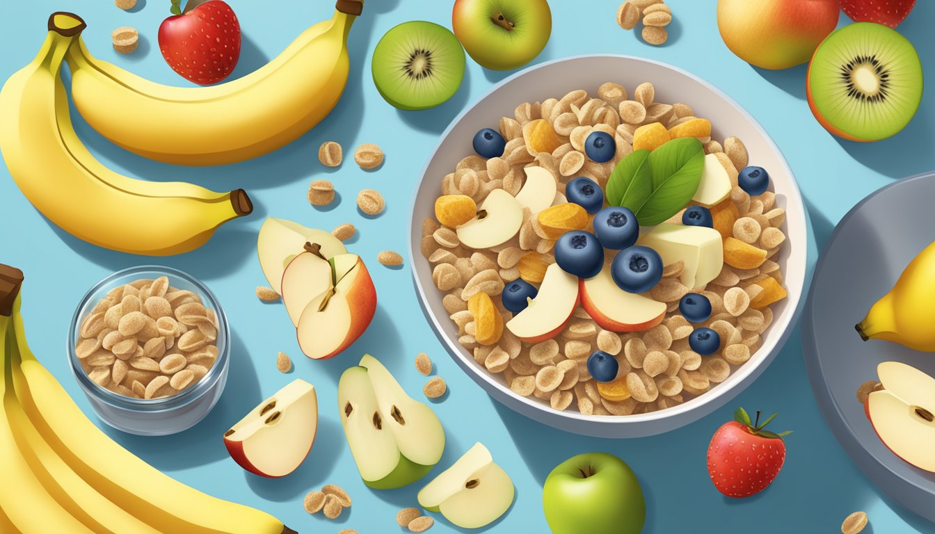 A bowl of Gerber Lil Bits Multigrain Cereal with banana and apple, surrounded by fresh fruits and grains