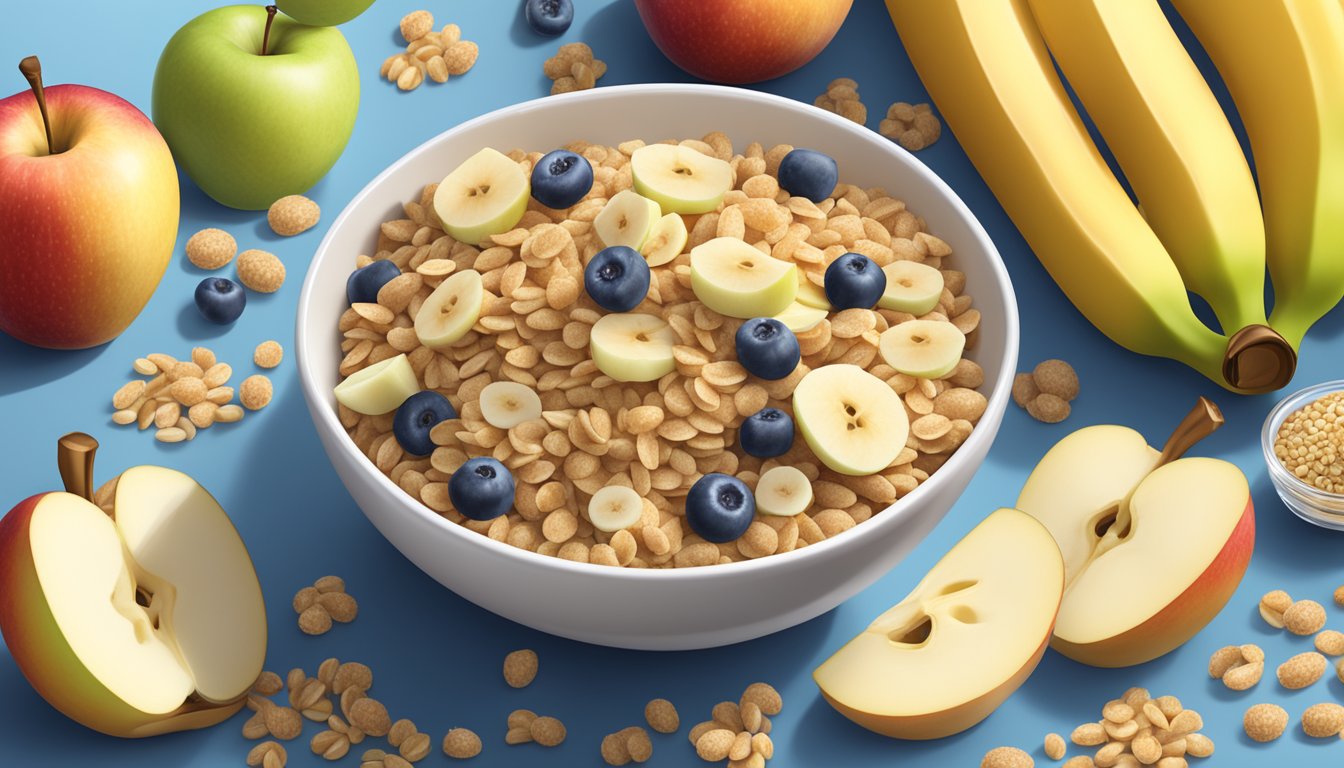 A bowl of Gerber Lil Bits Multigrain Cereal with banana and apple chunks, surrounded by fresh fruits and grains