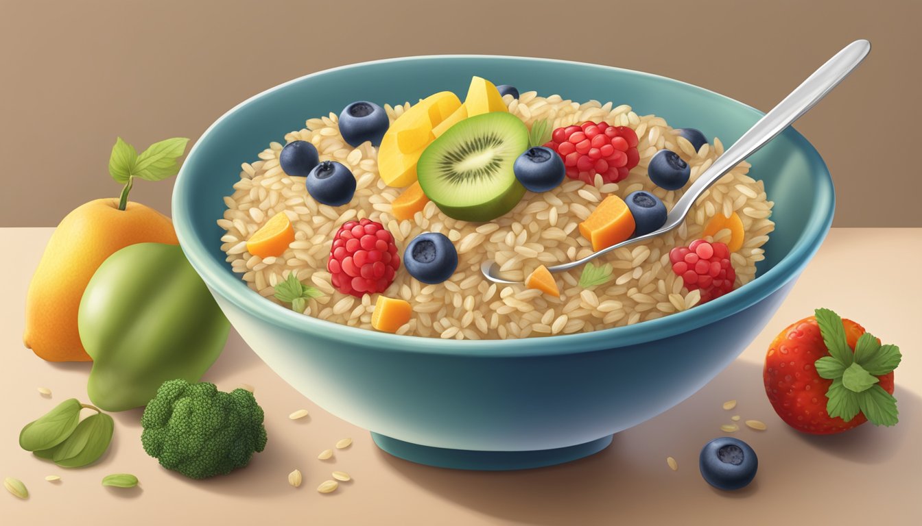 A colorful bowl of Gerber organic brown rice cereal surrounded by fresh fruits and vegetables, with a spoon resting on the side