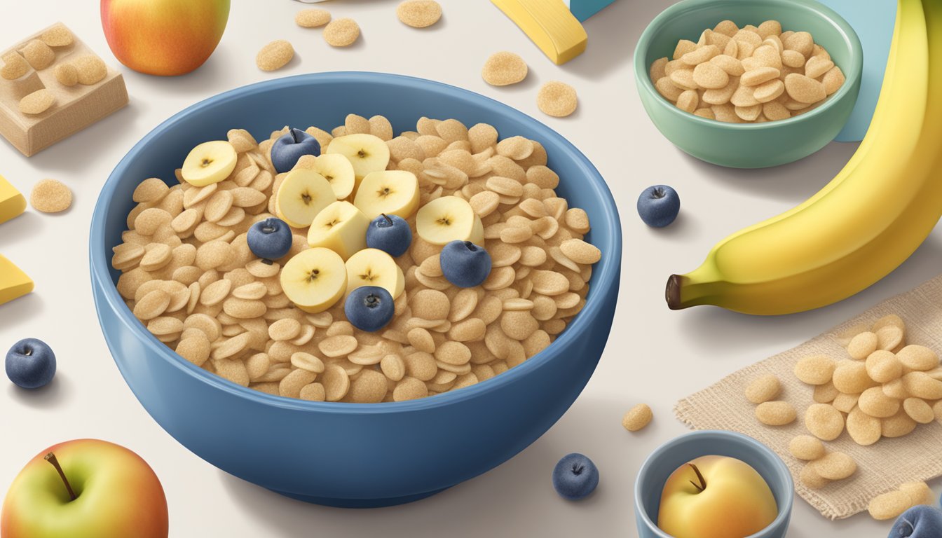 A bowl of Gerber Lil Bits Multigrain Cereal with banana and apple, surrounded by nutritional information and allergy warnings