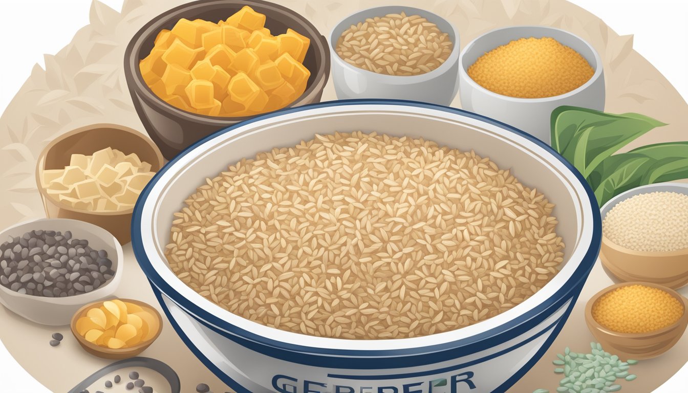 A bowl of Gerber organic brown rice cereal surrounded by certification logos and symbols of dietary compliance