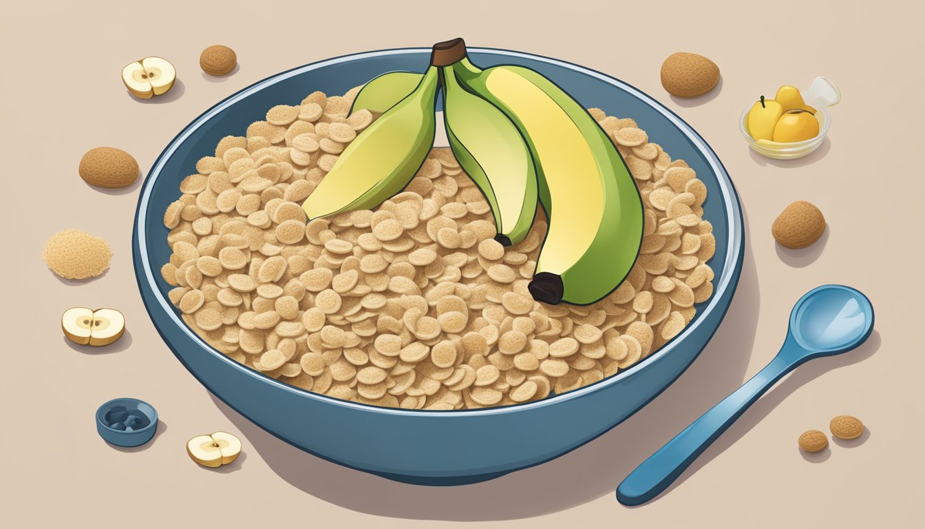 A bowl of Gerber Lil Bits multigrain cereal with banana and apple, surrounded by measuring spoons and a feeding guideline chart