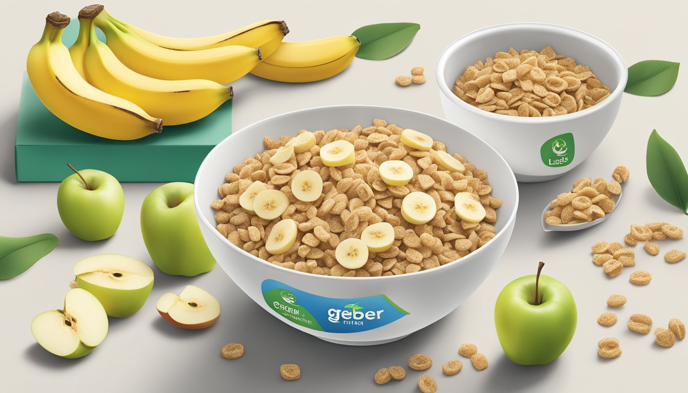 A bowl of Gerber Lil Bits multigrain cereal with sliced banana and apple, surrounded by eco-friendly packaging and symbols of sustainability