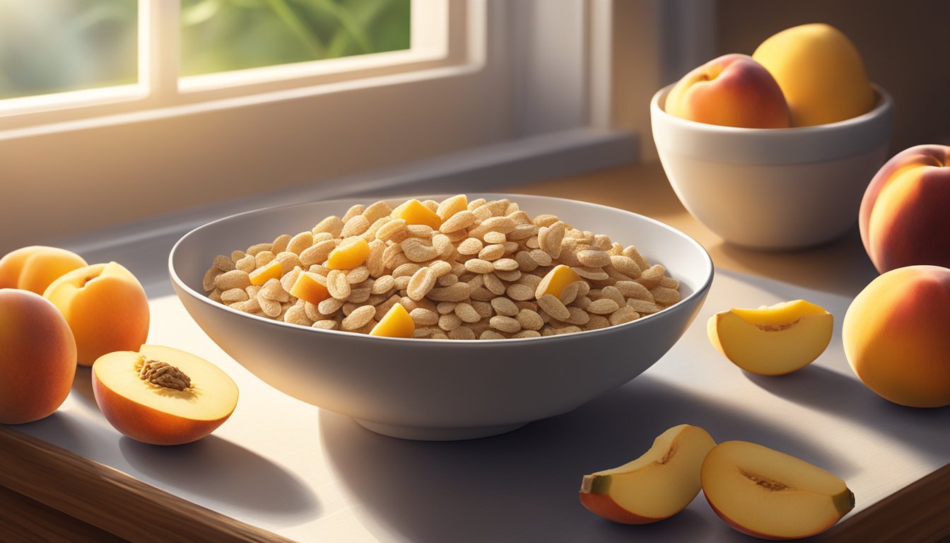 A bowl of Gerber Lil' Bits Multigrain Cereal sits on a table, surrounded by fresh bananas and peaches. The morning sunlight streams in through a nearby window, casting a warm glow over the scene