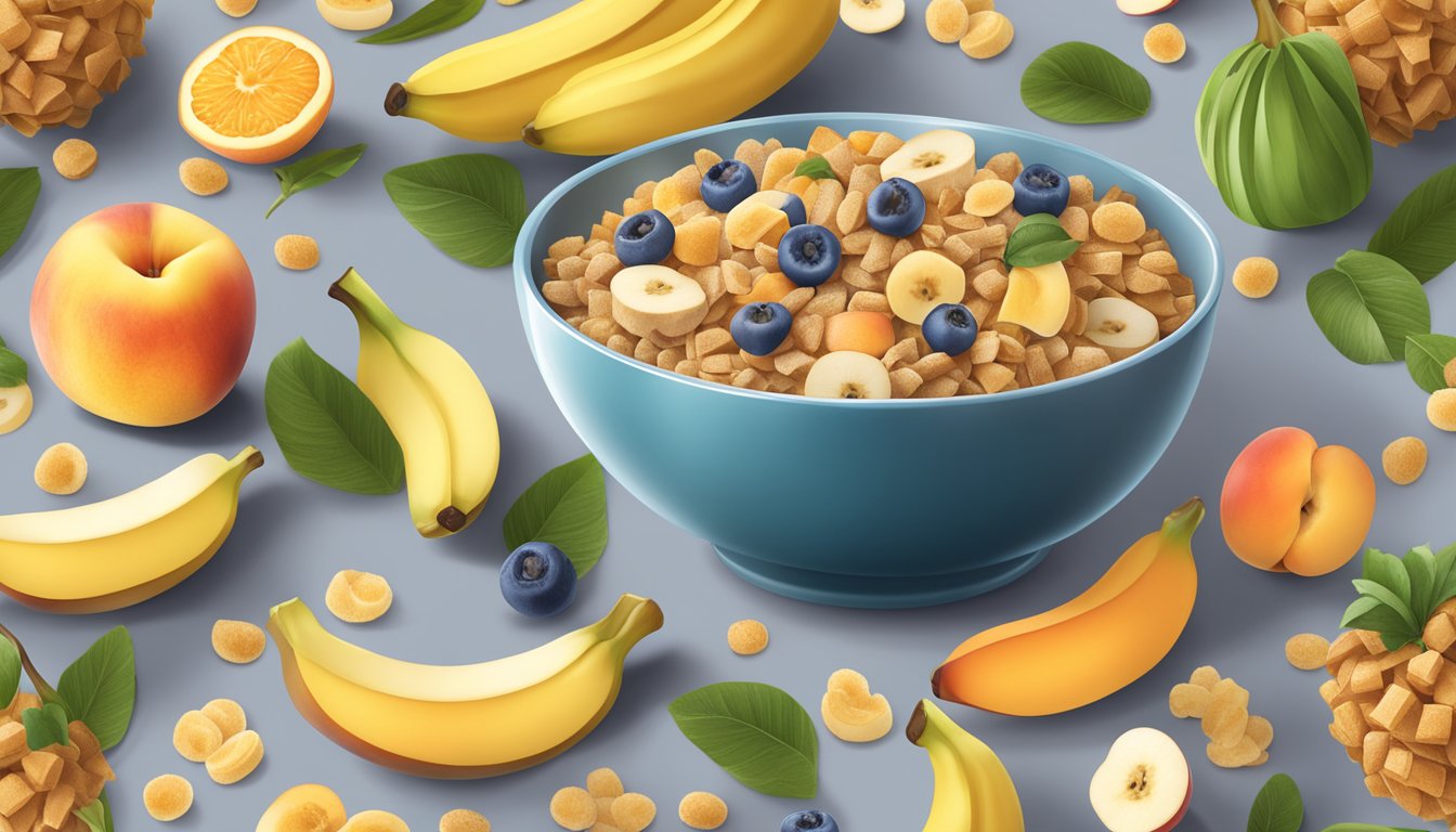 A bowl of Gerber Lil Bits multigrain cereal with banana and peach, surrounded by fresh fruits and grains