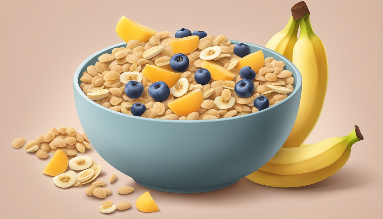 A bowl of Gerber Lil Bits Multigrain Cereal with banana and peach, surrounded by scattered cereal pieces and fruit slices