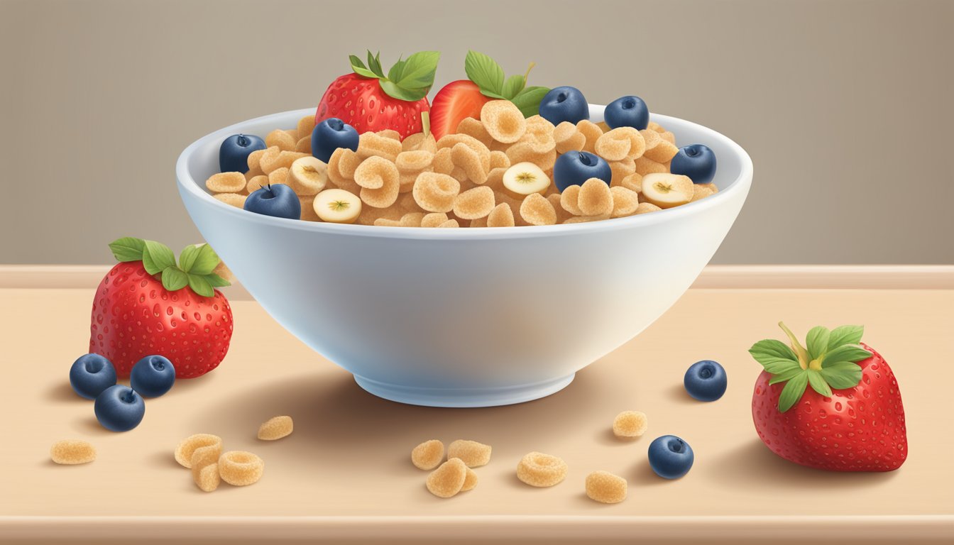 A bowl of Gerber Lil Bits wheat cereal with strawberry apple, surrounded by fresh fruit and a glass of milk