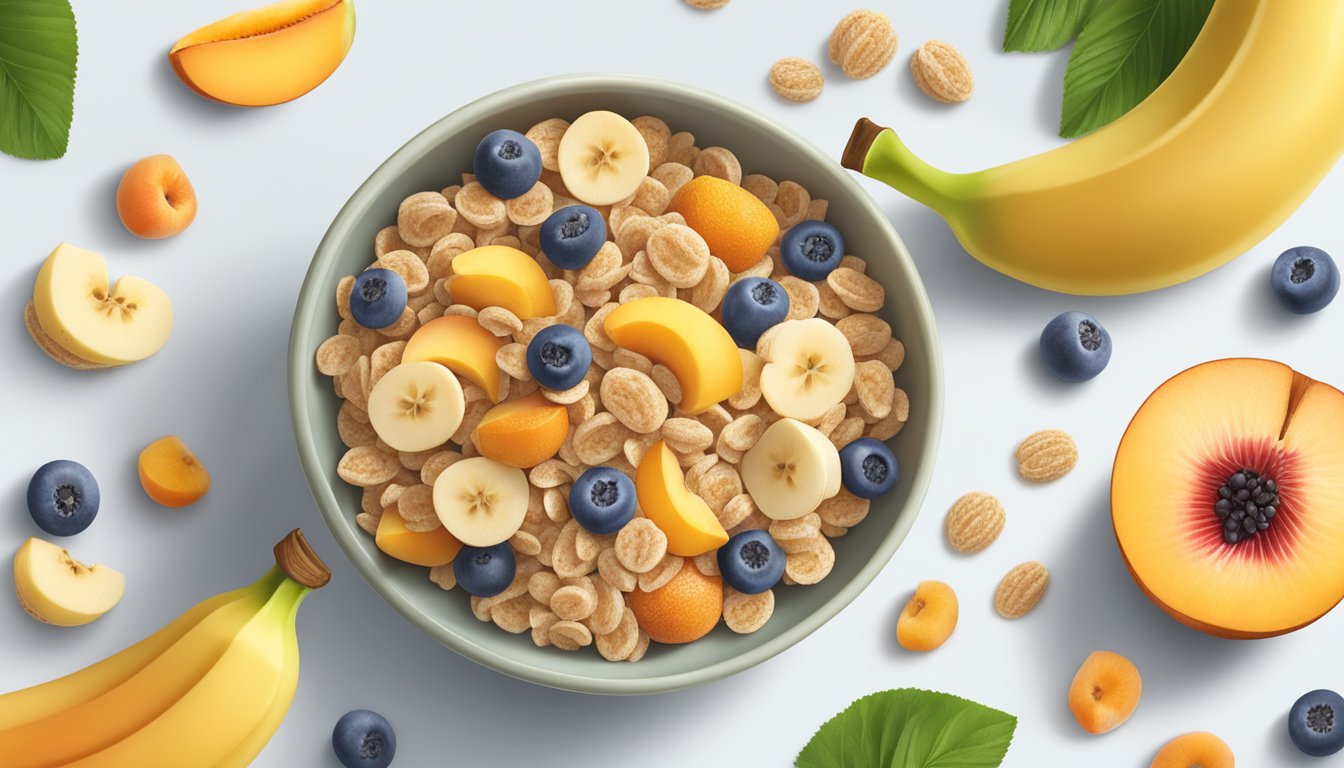 A bowl of Gerber Lil Bits multigrain cereal with banana and peach, surrounded by fresh fruits and grains