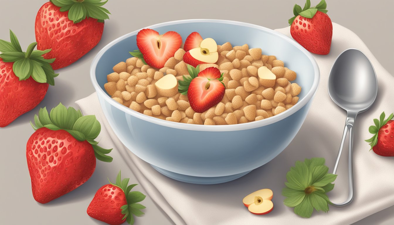 A bowl of Gerber Lil Bits wheat cereal with strawberry and apple, surrounded by fresh strawberries and apples