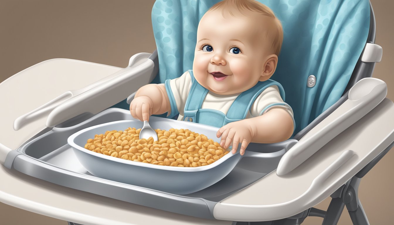 A baby's high chair with a bowl of Gerber multigrain cereal and a spoon on the tray. A bib is draped over the back of the chair