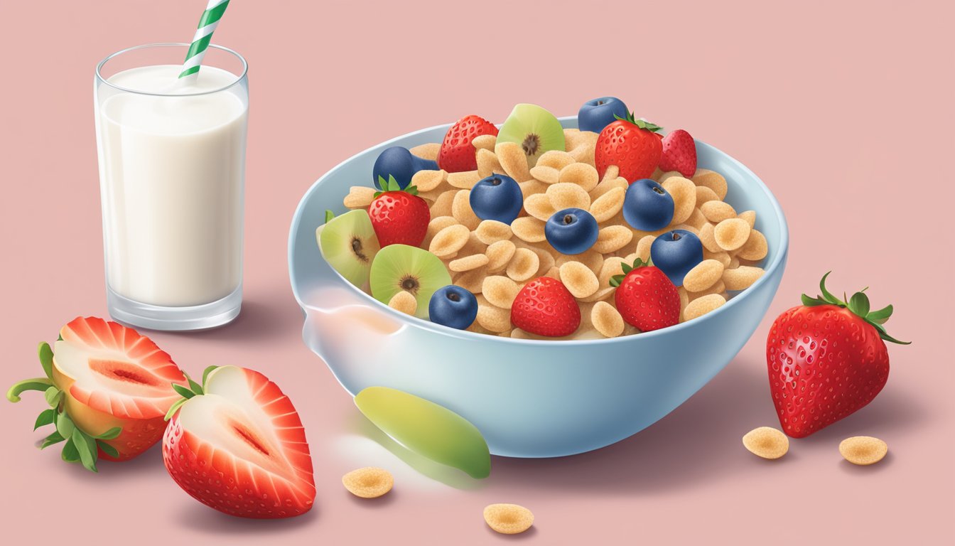 A bowl of Gerber lil bits wheat cereal with strawberry apple surrounded by fresh fruit and a glass of milk