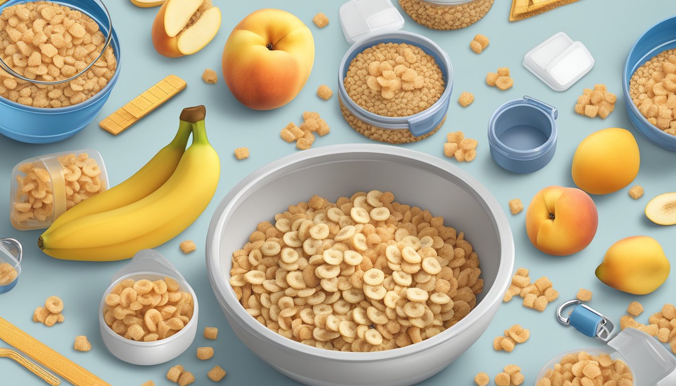 A bowl of Gerber Lil Bits multigrain cereal with banana and peach, surrounded by safety locks and storage containers