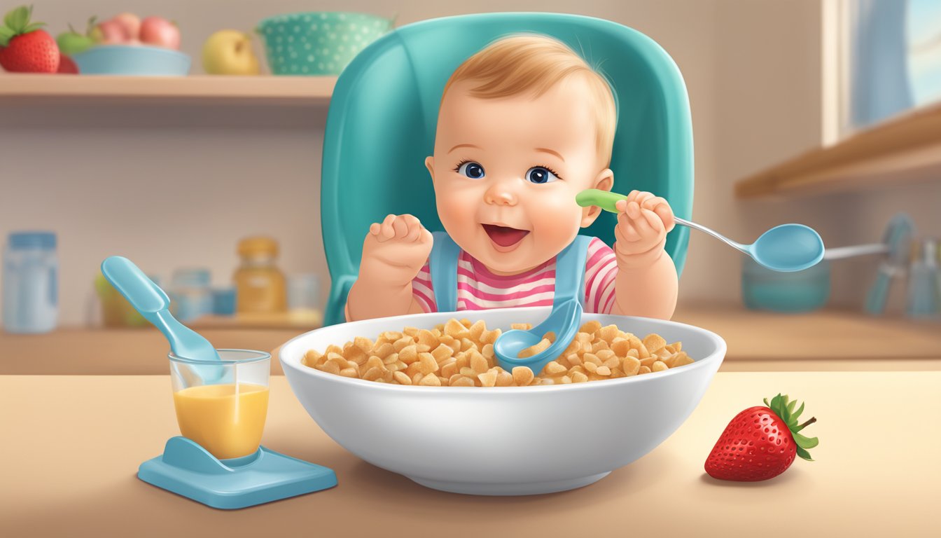 A spoonful of Gerber Lil Bits wheat cereal with strawberry apple being poured into a baby's bowl