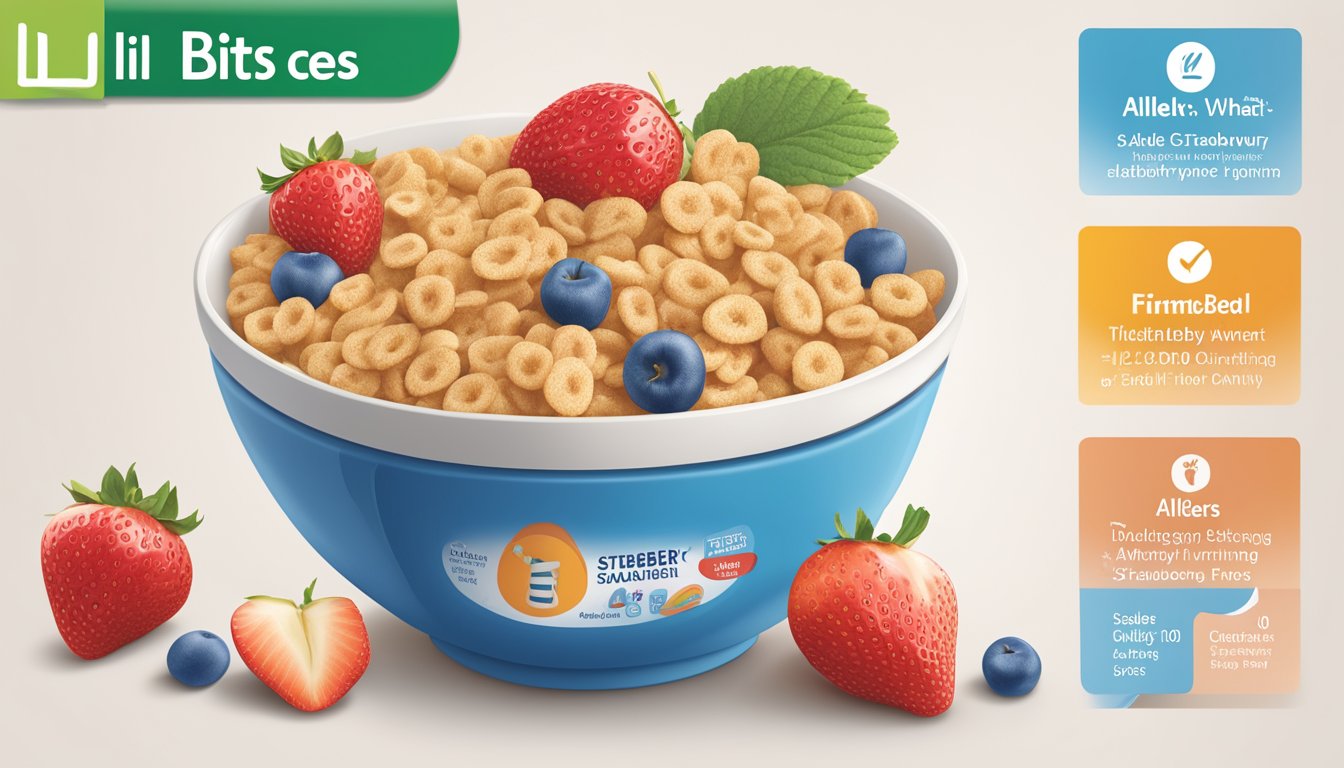 A bowl of Gerber Lil Bits wheat cereal with strawberry apple, surrounded by safety and allergen information symbols and warnings