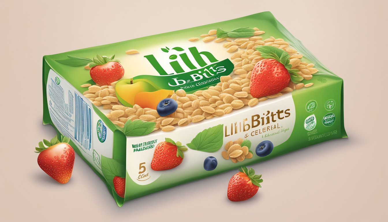 A colorful, eco-friendly package of Gerber Lil Bits wheat cereal with strawberry apple, surrounded by fresh fruit and green leaves