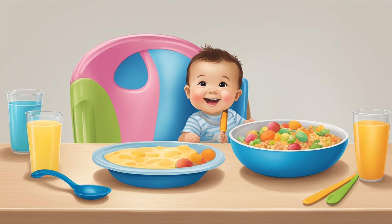 A toddler's highchair with a tray of Gerber Graduates Breakfast Buddies, a colorful bowl, and a spoon