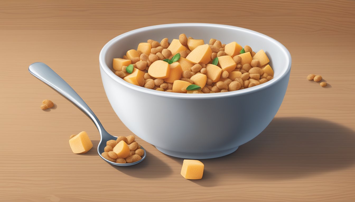 A bowl of Gerber Lil' Bits Multigrain Apple Sweet Potato Cereal with a spoon beside it on a wooden table