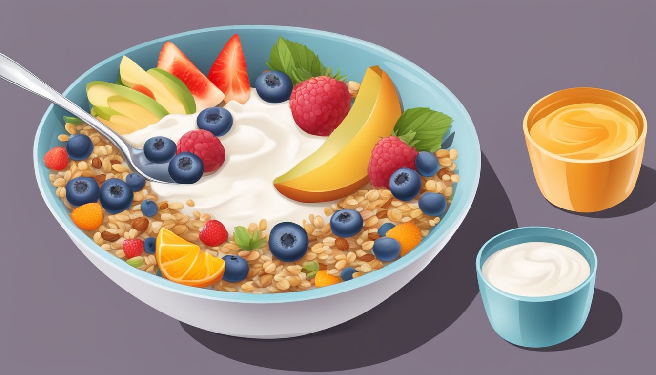 A colorful bowl filled with mixed fruits and grains, accompanied by a spoon and a small container of yogurt