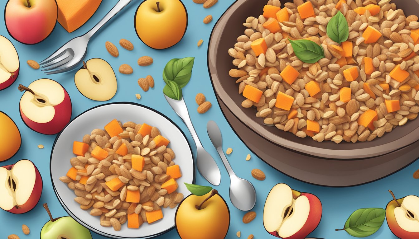 A colorful bowl of Gerber Lil Bits Multigrain Apple Sweet Potato cereal surrounded by fresh apple and sweet potato slices